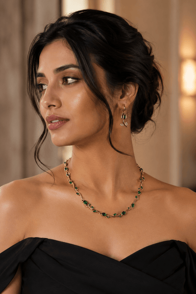 Green Vine Leaf Necklace & Earrings Set – 18K Gold Plated