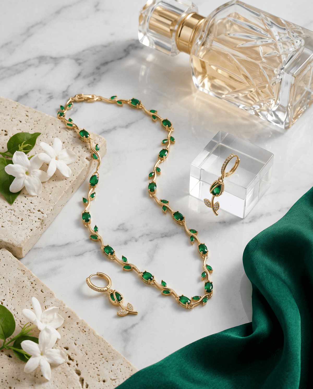Green Vine Leaf Necklace & Earrings Set – 18K Gold Plated