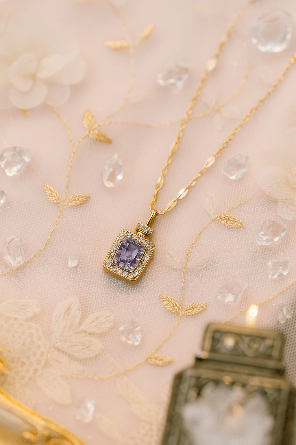 Halo Style Pendant with Purple Gemstone & Gold Chain - Maxiblink