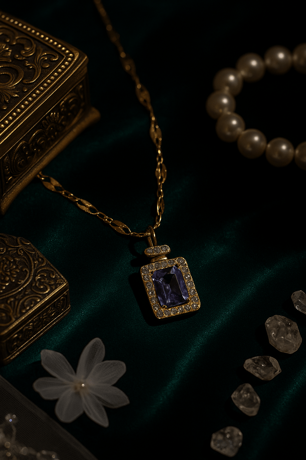 Halo Style Pendant with Purple Gemstone & Gold Chain - Maxiblink