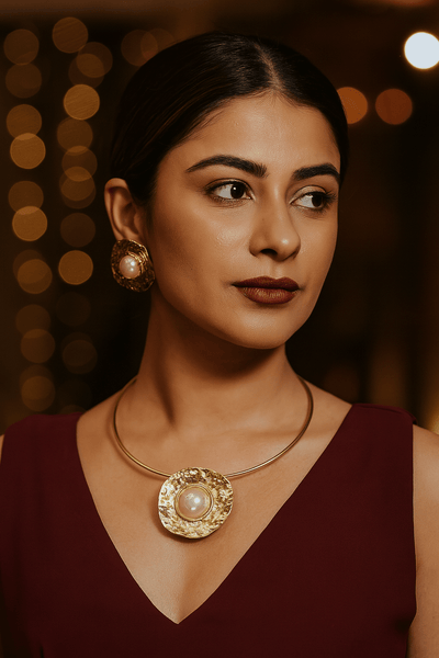 Hammered Gold Pearl Set - Choker Necklace & Earrings - Maxiblink