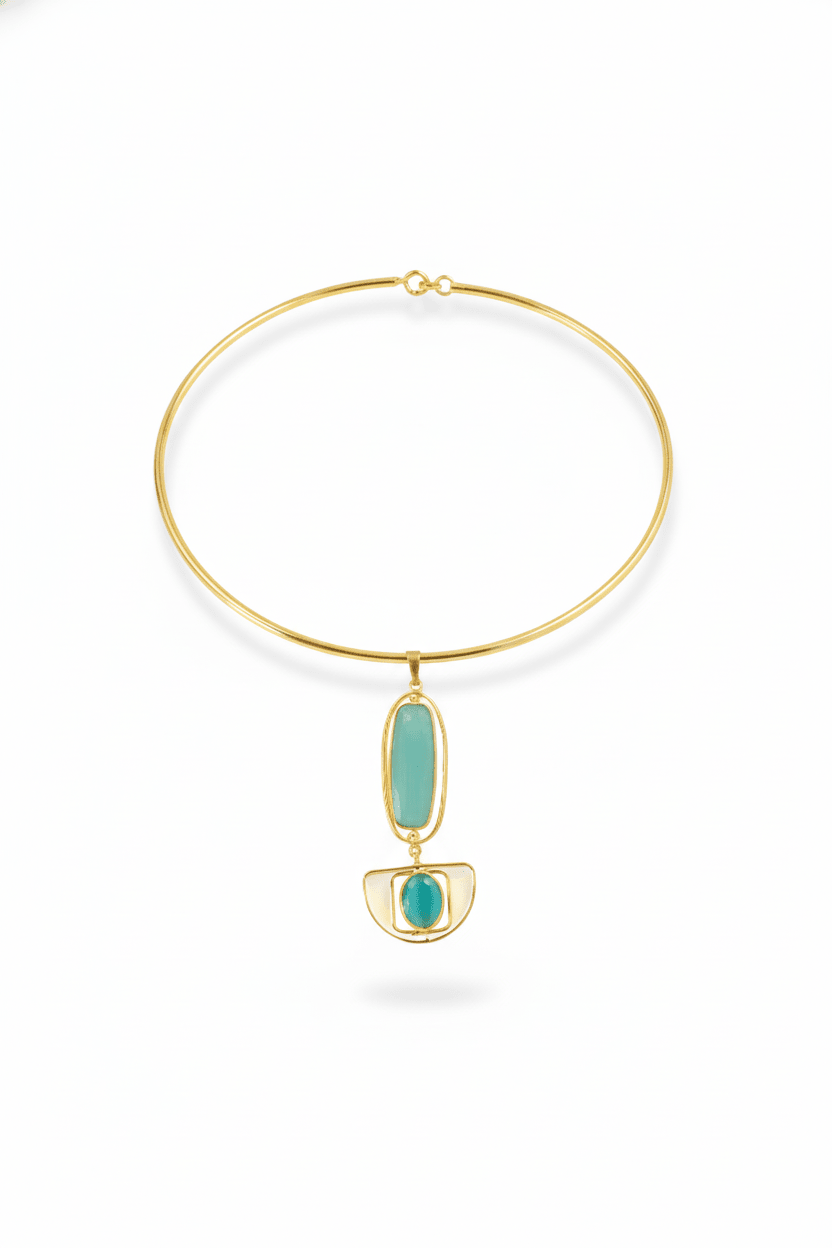 Hansuli Necklace with Art‑Deco Aqua Pendant | Brass Anti Tarnish | Lightweight - Maxiblink