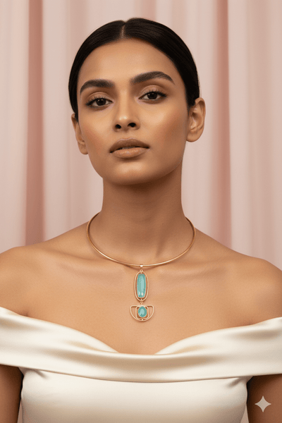Hansuli Necklace with Art‑Deco Aqua Pendant | Brass Anti Tarnish | Lightweight - Maxiblink