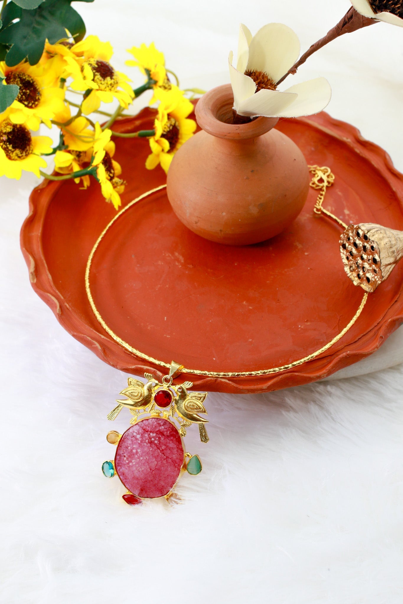 Hansuli Necklace with Bird Motif & Pink Druzy Pendant | Brass Anti Tarnish | Lightweight - Maxiblink