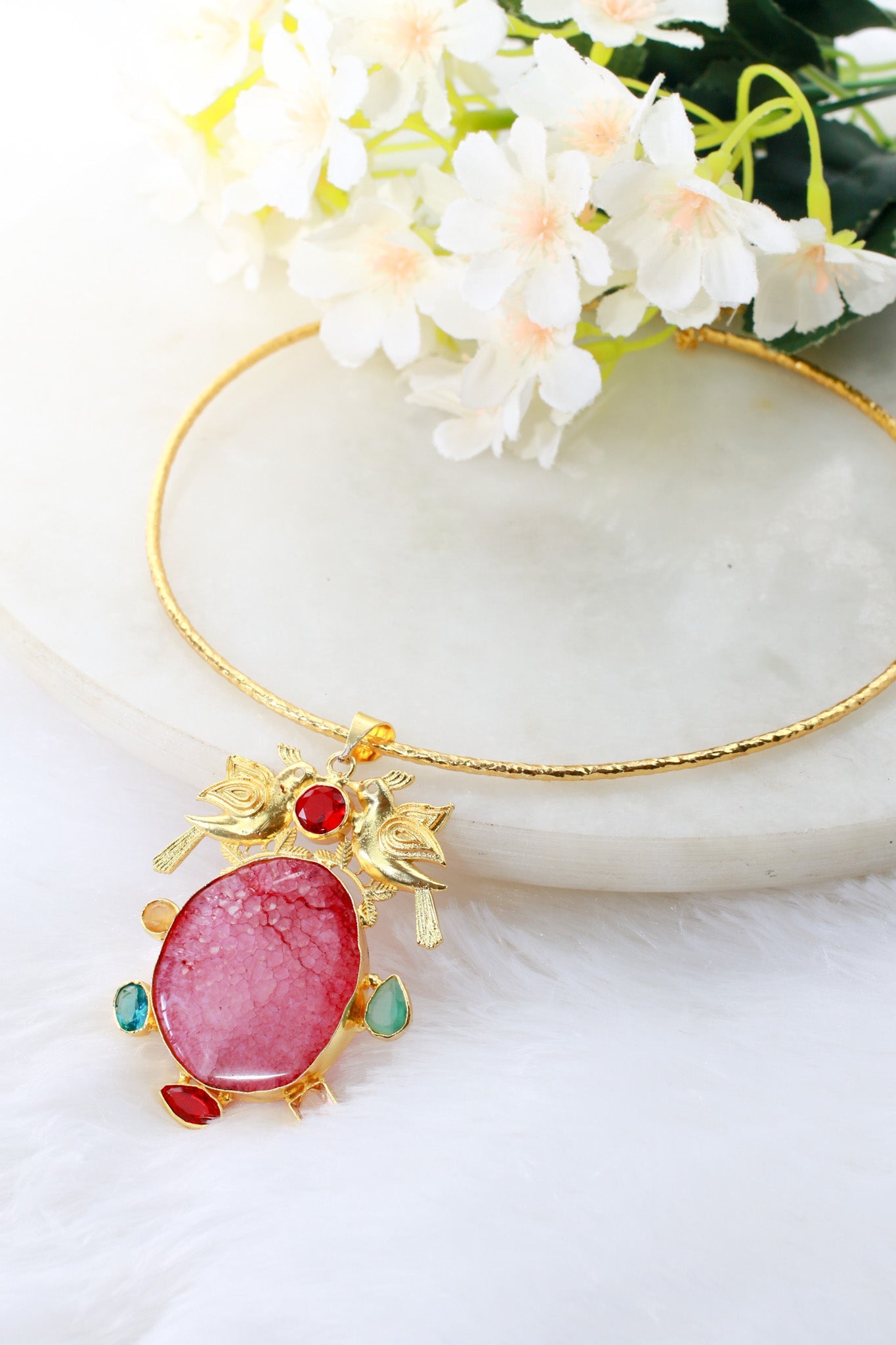 Hansuli Necklace with Bird Motif & Pink Druzy Pendant | Brass Anti Tarnish | Lightweight - Maxiblink