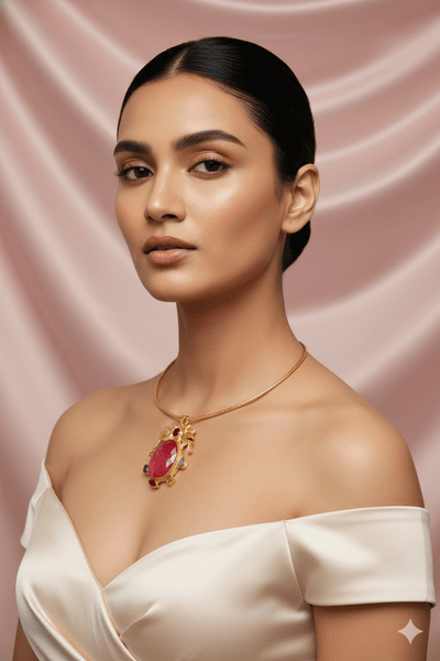Hansuli Necklace with Bird Motif & Pink Druzy Pendant | Brass Anti Tarnish | Lightweight - Maxiblink