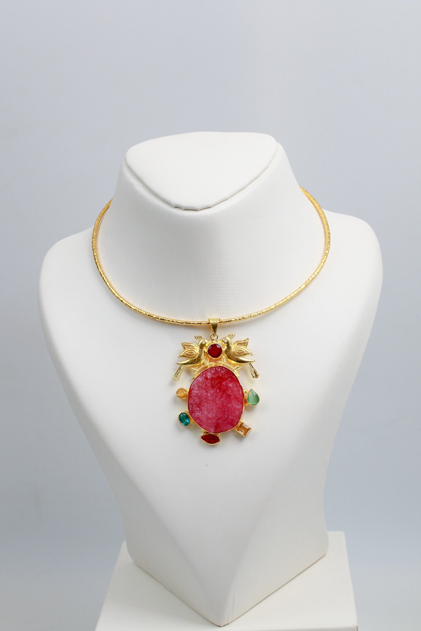 Hansuli Necklace with Bird Motif & Pink Druzy Pendant | Brass Anti Tarnish | Lightweight - Maxiblink