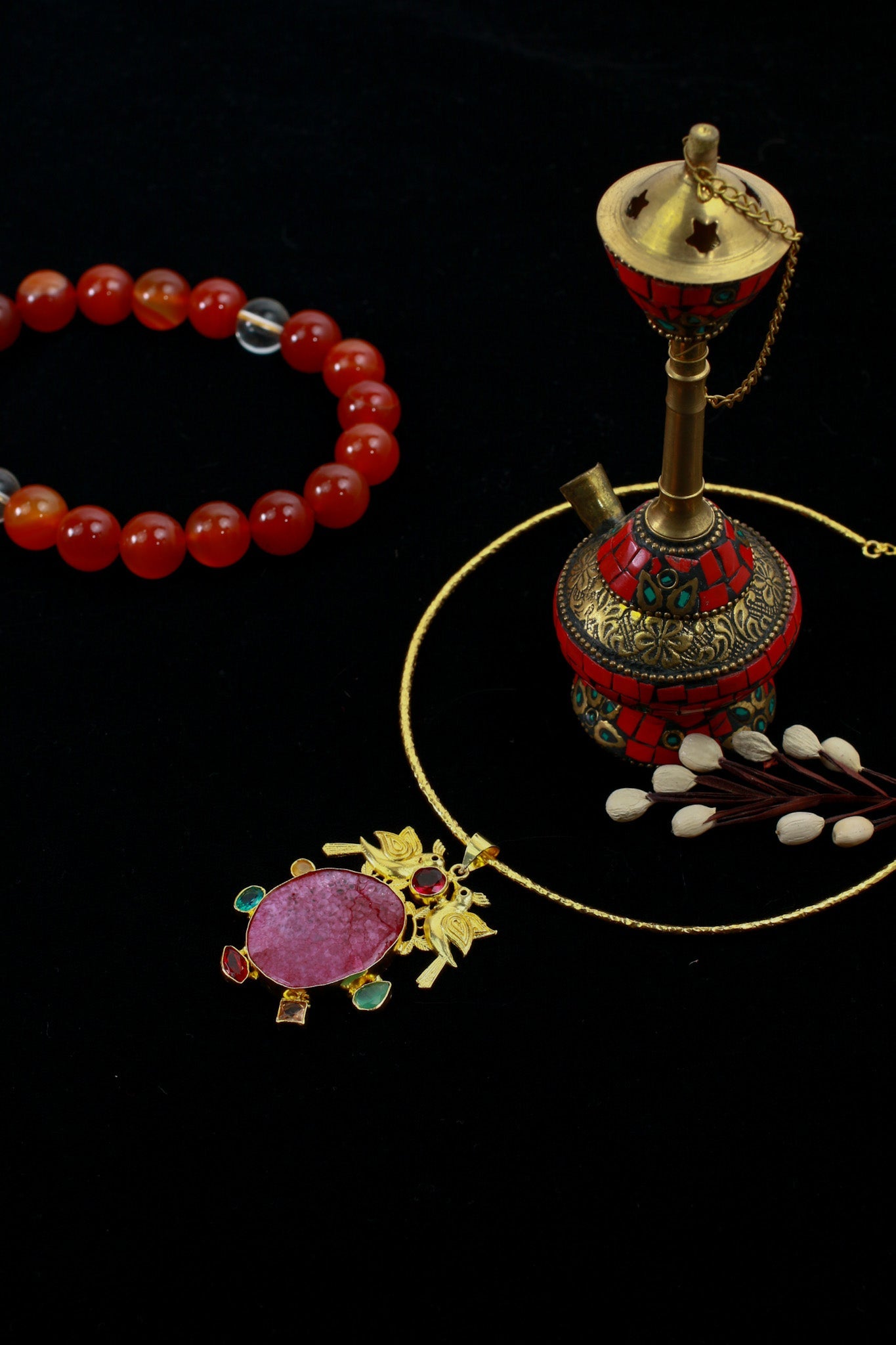 Hansuli Necklace with Bird Motif & Pink Druzy Pendant | Brass Anti Tarnish | Lightweight - Maxiblink