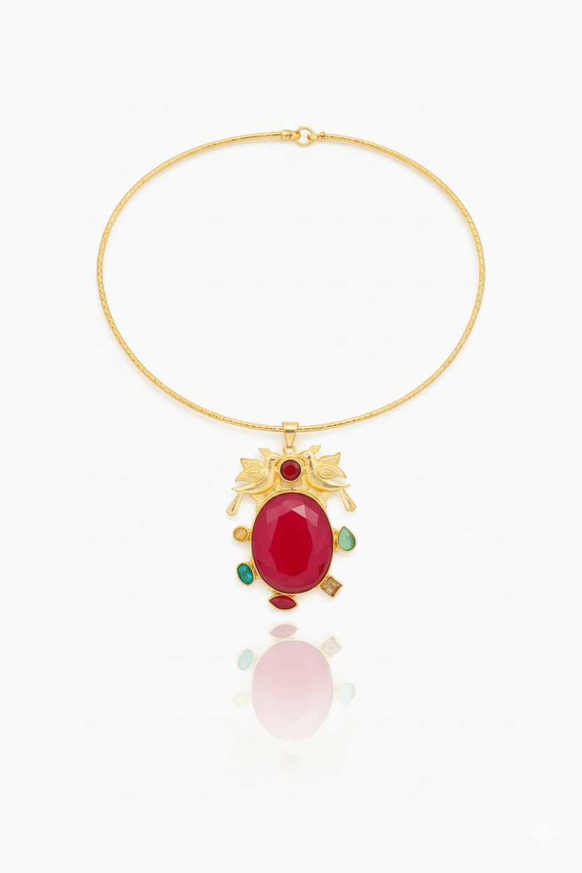 Hansuli Necklace with Bird Motif & Pink Druzy Pendant | Brass Anti Tarnish | Lightweight - Maxiblink