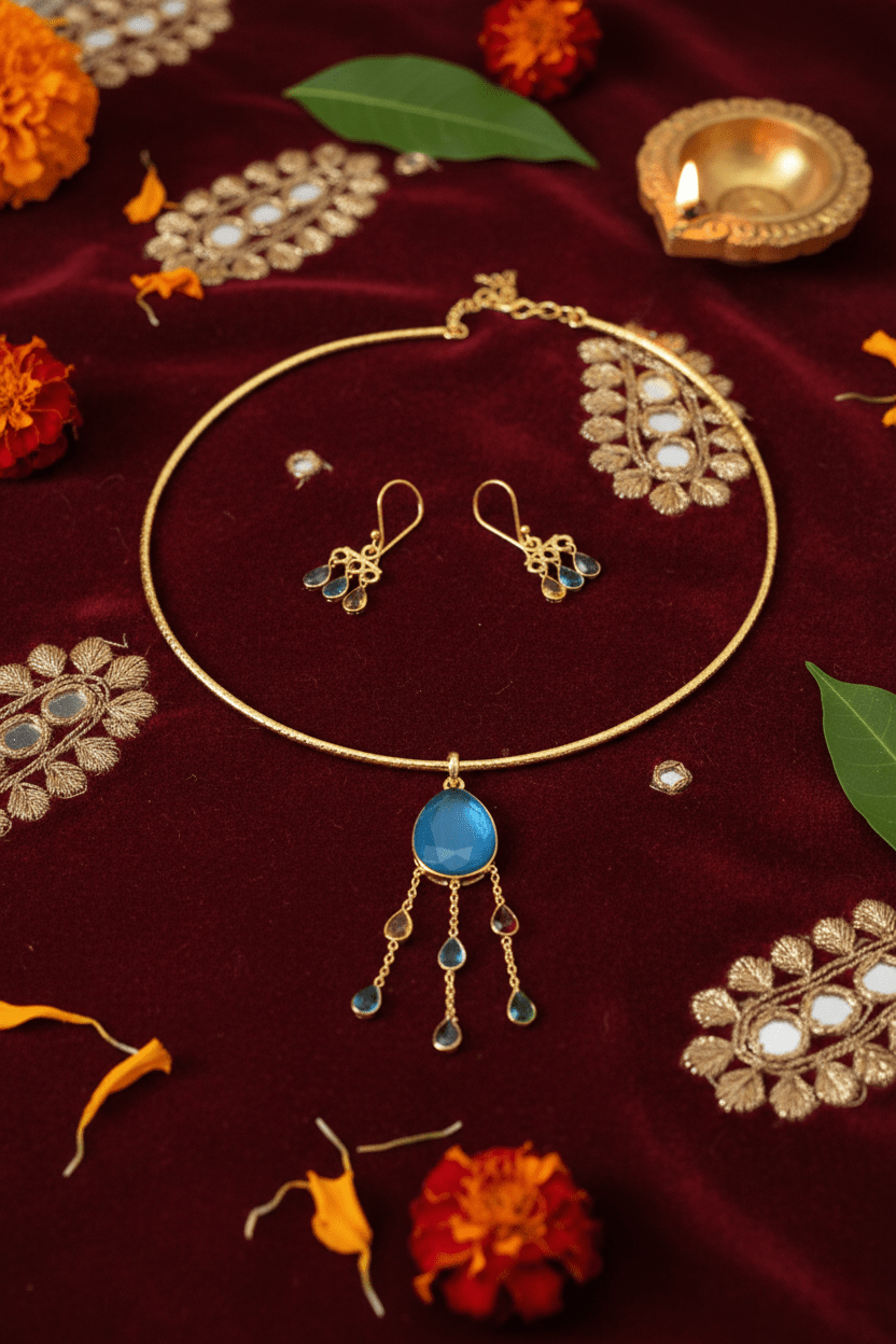 Hansuli Necklace with Blue Pendant & Multicolor Raindrop Dangles – Gold Plated Brass Statement Choker Set - Maxiblink