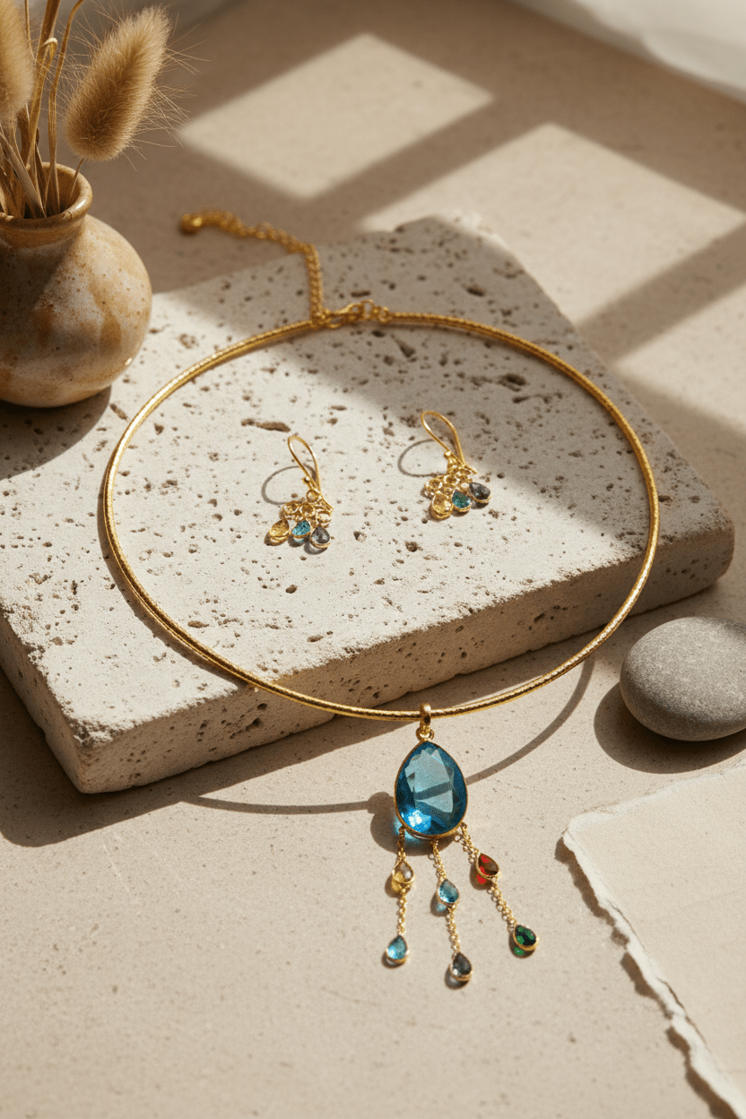 Hansuli Necklace with Blue Pendant & Multicolor Raindrop Dangles – Gold Plated Brass Statement Choker Set - Maxiblink
