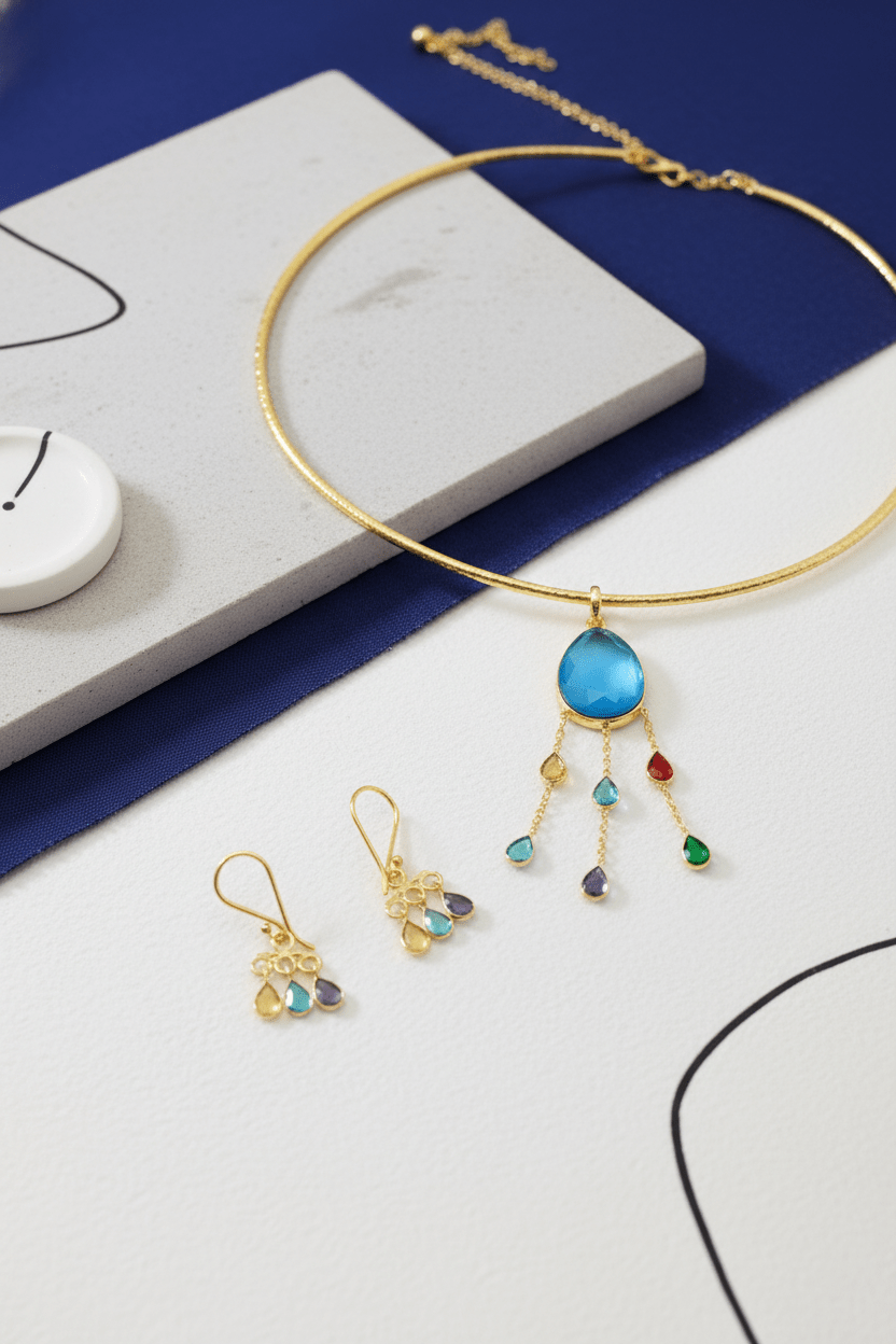 Hansuli Necklace with Blue Pendant & Multicolor Raindrop Dangles – Gold Plated Brass Statement Choker Set - Maxiblink