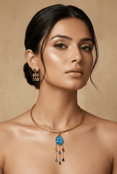 Hansuli Necklace with Blue Pendant & Multicolor Raindrop Dangles – Gold Plated Brass Statement Choker Set - Maxiblink