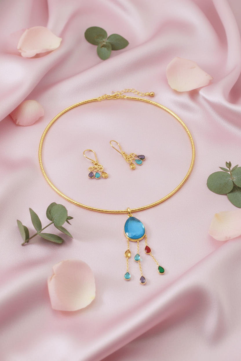 Hansuli Necklace with Blue Pendant & Multicolor Raindrop Dangles – Gold Plated Brass Statement Choker Set - Maxiblink