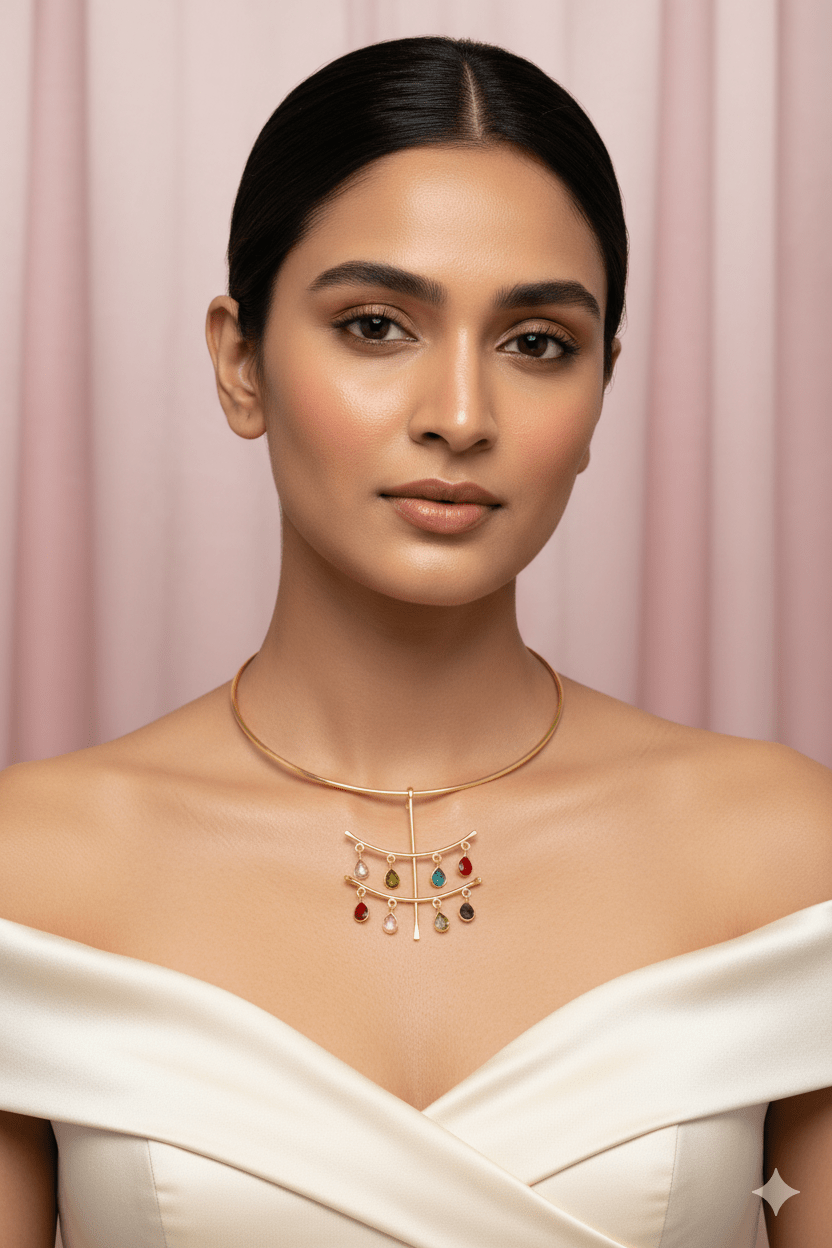 Hansuli Necklace with Cascade Teardrop Charms – Multicolor Stones | Brass Anti Tarnish | Lightweight - Maxiblink