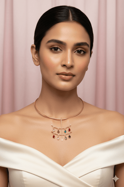 Hansuli Necklace with Cascade Teardrop Charms – Multicolor Stones | Brass Anti Tarnish | Lightweight - Maxiblink