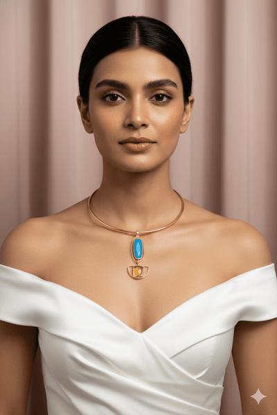 Hansuli Necklace with Dual‑Tone Geometric Pendant – Blue & Yellow Stones | Brass Anti Tarnish | Lightweight - Maxiblink