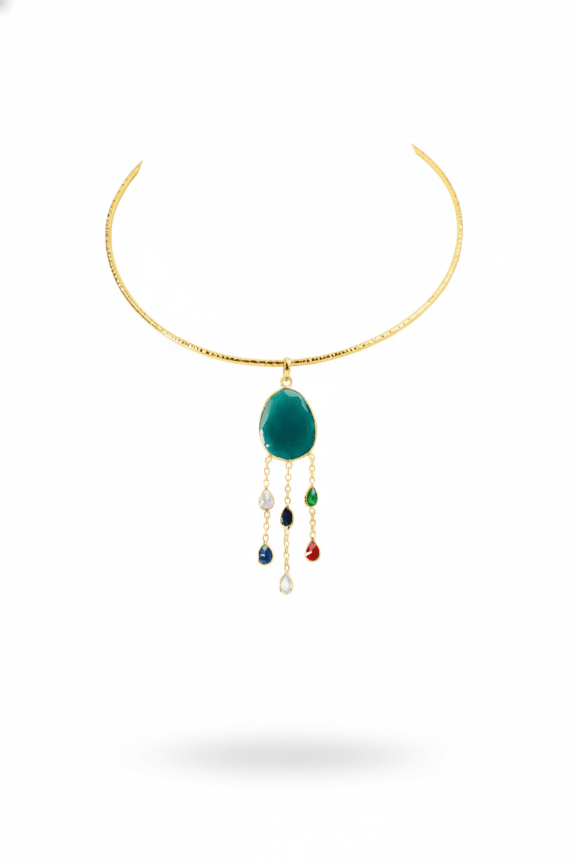 Hansuli Necklace with Green Pendant & Raindrop Dangles | Brass Anti Tarnish | Lightweight - Maxiblink