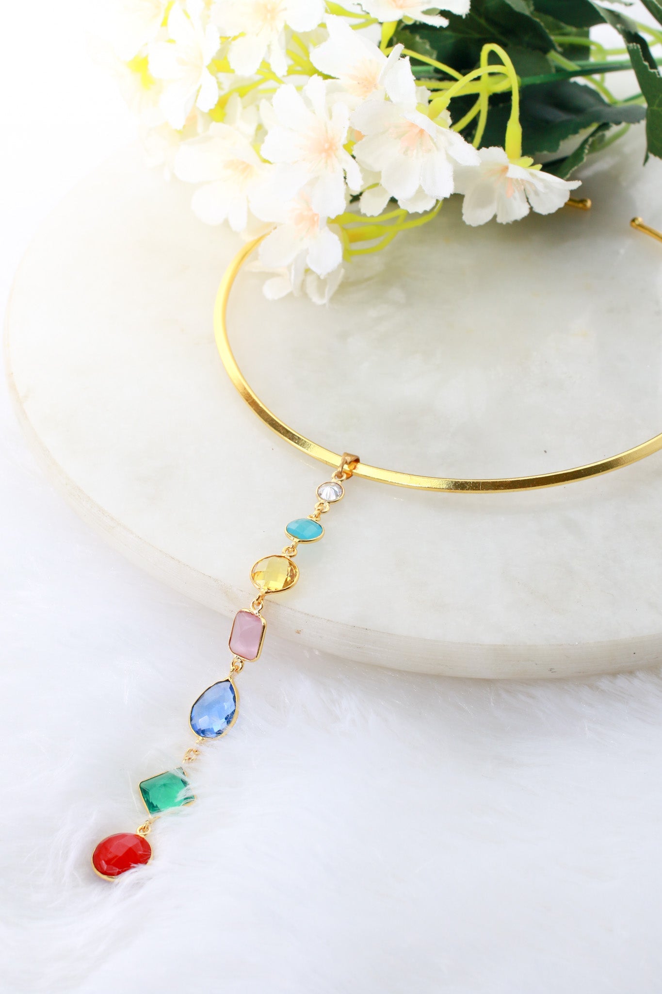 Hansuli Necklace with Multicolor Pendant | Brass Anti Tarnish | Lightweight - Maxiblink