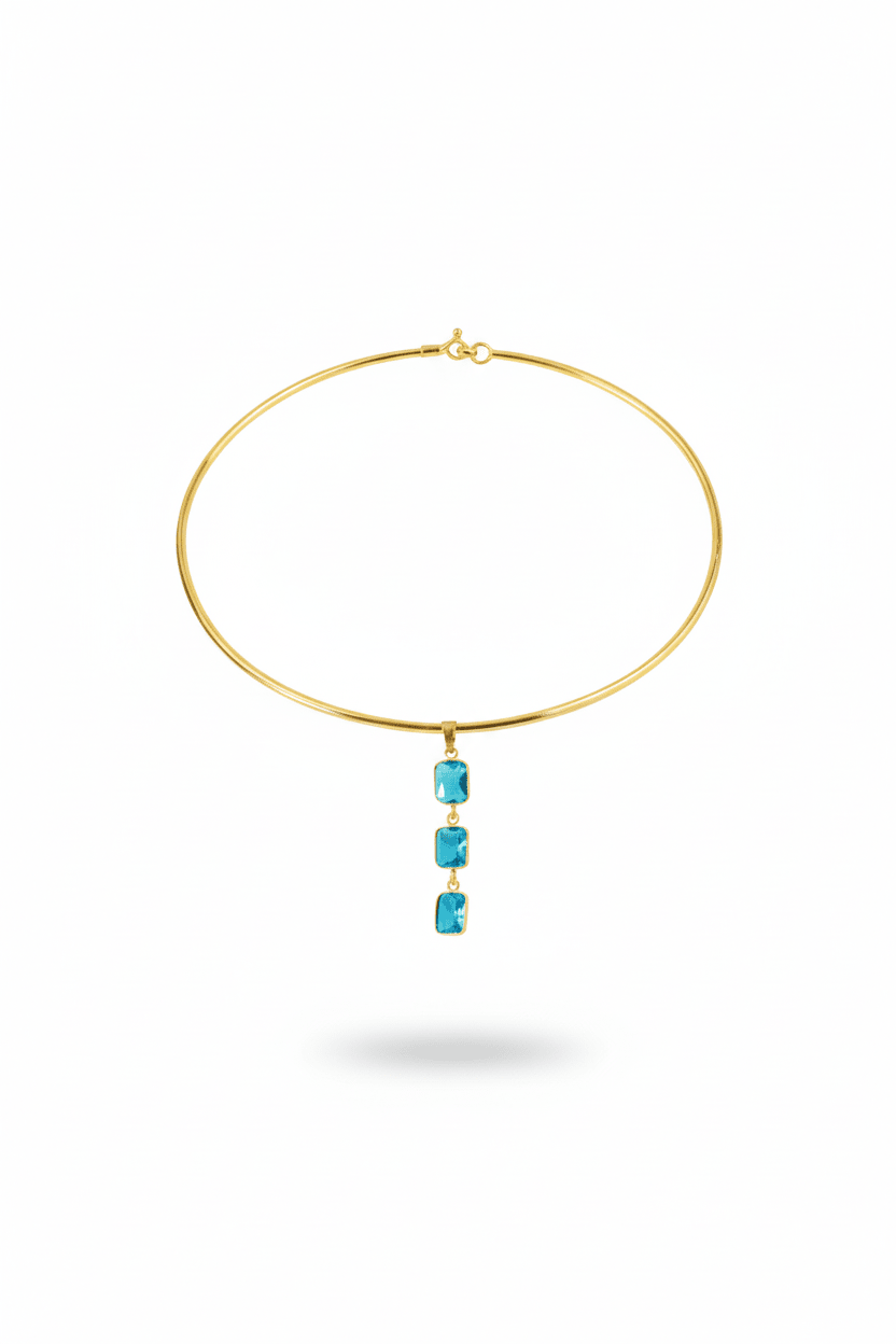Hansuli Necklace with Triple Blue Rectangle Pendant | Brass Anti Tarnish | Lightweight - Maxiblink