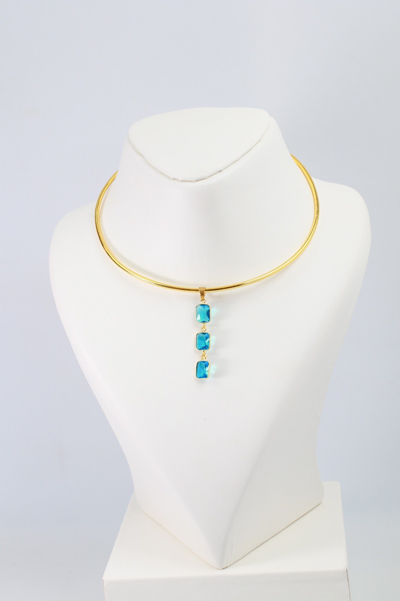 Hansuli Necklace with Triple Blue Rectangle Pendant | Brass Anti Tarnish | Lightweight - Maxiblink