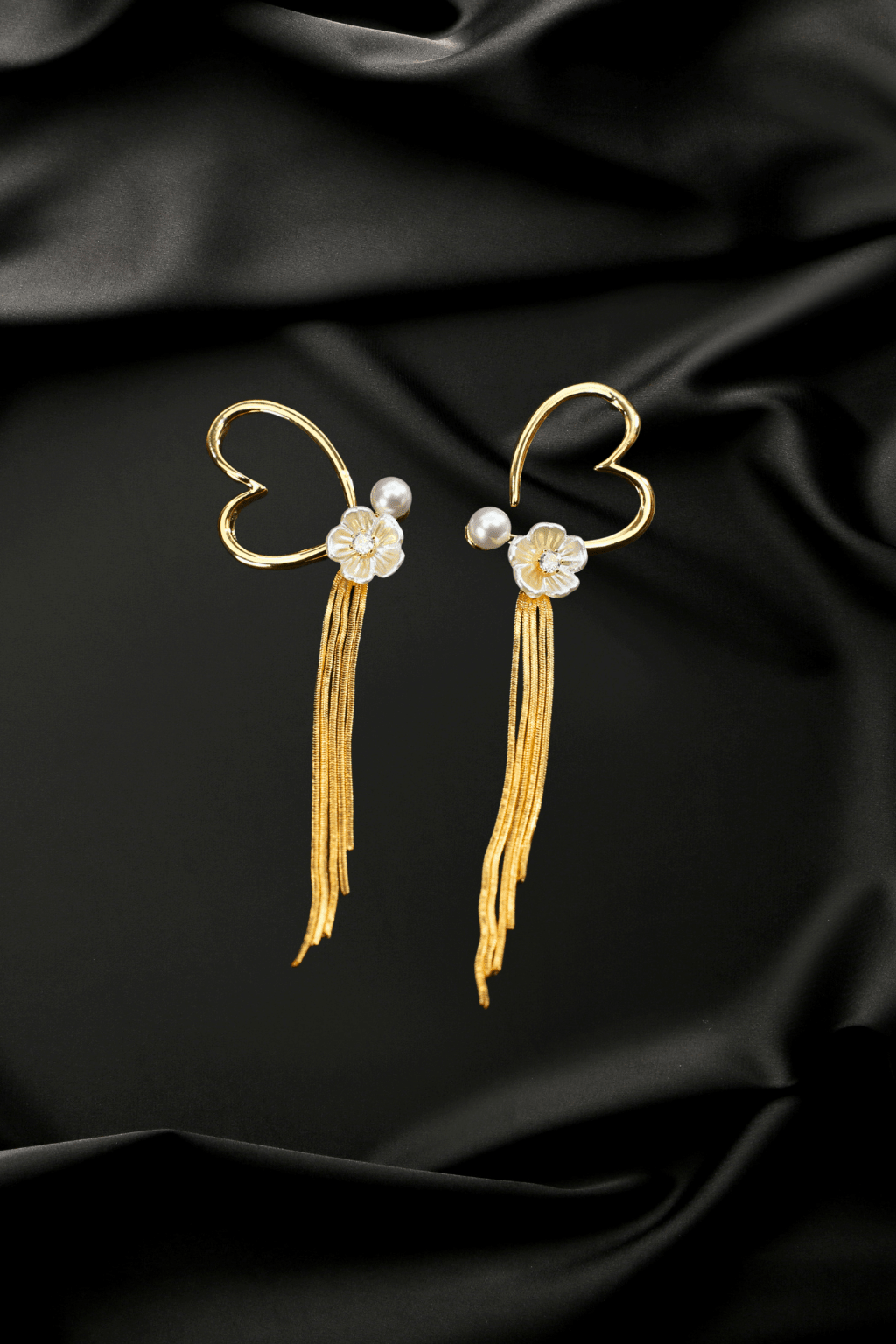 Heart Tassel Earrings with Floral Pearl Accents – Gold Anti - Tarnish - Maxiblink