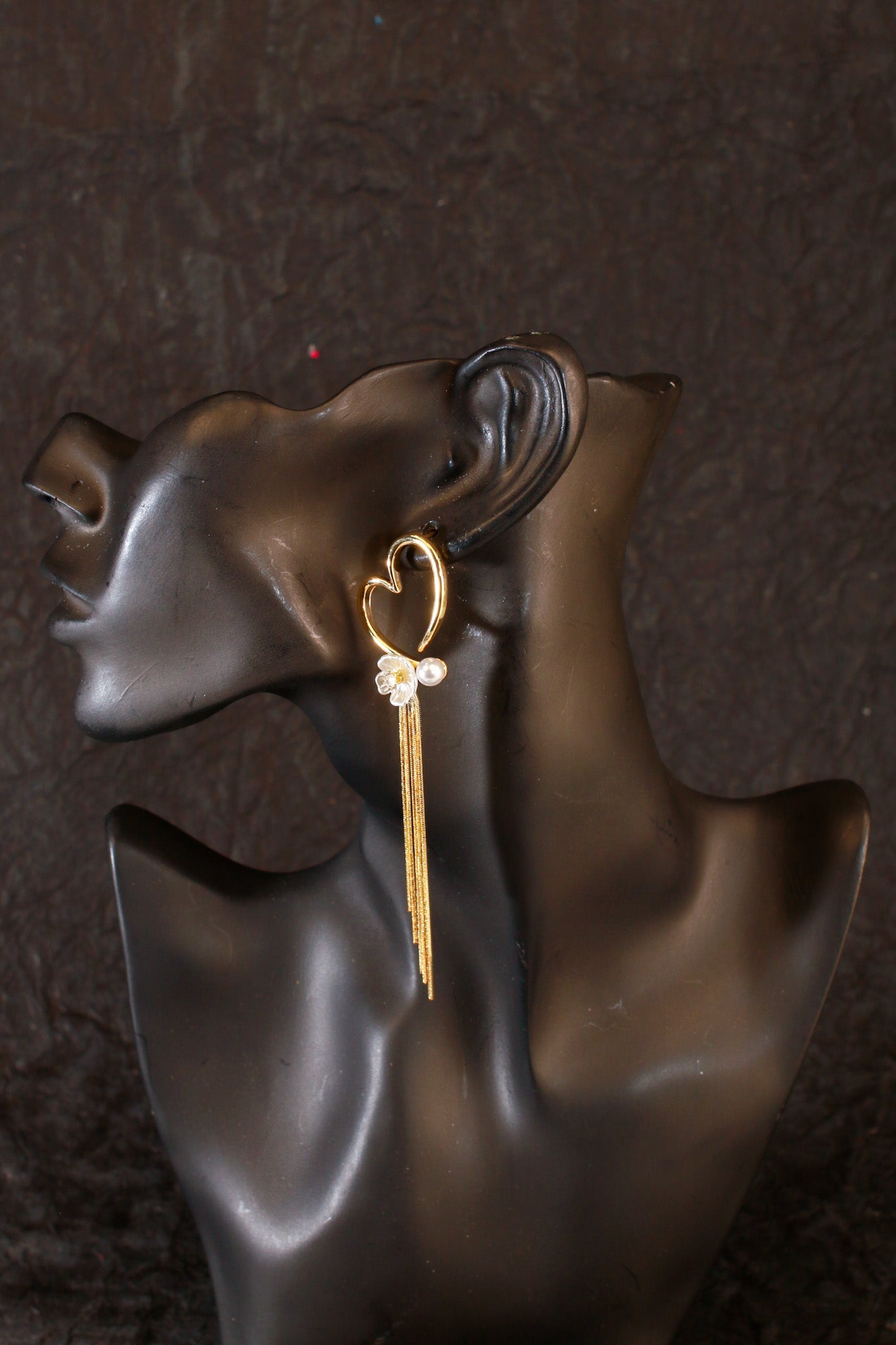 Heart Tassel Earrings with Floral Pearl Accents – Gold Anti - Tarnish - Maxiblink