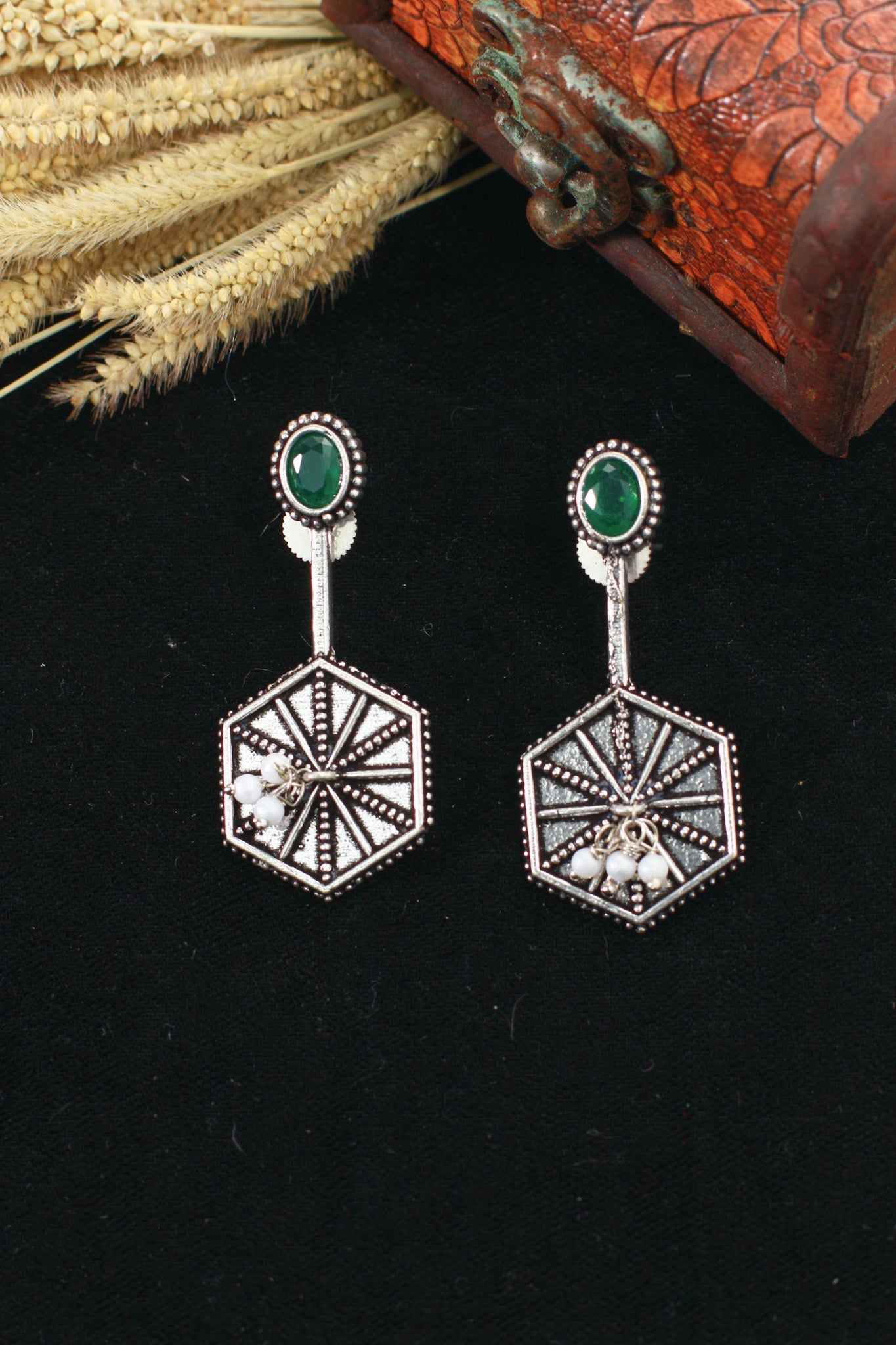Hexa Sunburst Drop Earrings with Green Monalisa Stud | Oxidised - Maxiblink