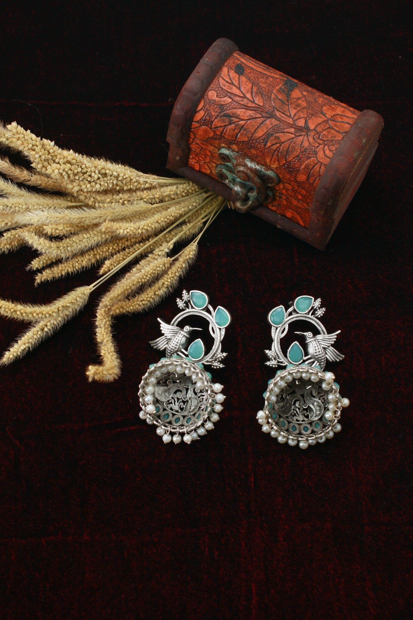 Hummingbird Jhumka with Mint Monalisa & Pearls | Oxidised German Silver - Maxiblink