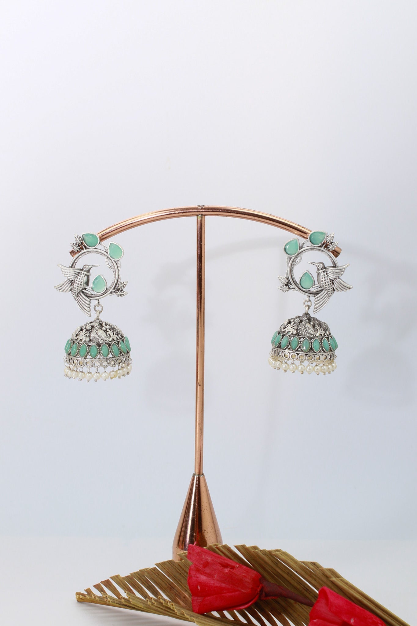 Hummingbird Jhumka with Mint Monalisa & Pearls | Oxidised German Silver - Maxiblink