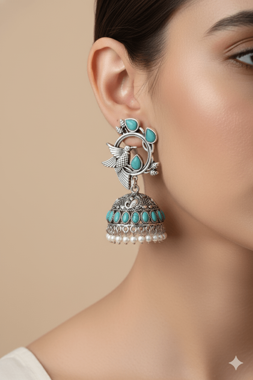 Hummingbird Jhumka with Mint Monalisa & Pearls | Oxidised German Silver - Maxiblink