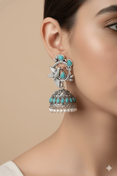 Hummingbird Jhumka with Mint Monalisa & Pearls | Oxidised German Silver - Maxiblink