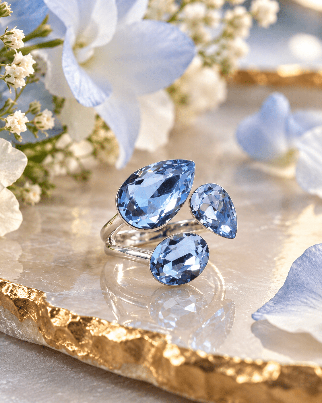 Ice Blue Crystal Pear & Oval Cluster Open Ring - Maxiblink