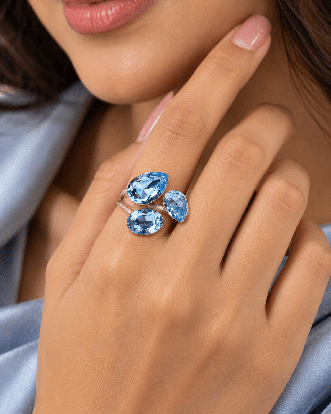 Ice Blue Crystal Pear & Oval Cluster Open Ring - Maxiblink