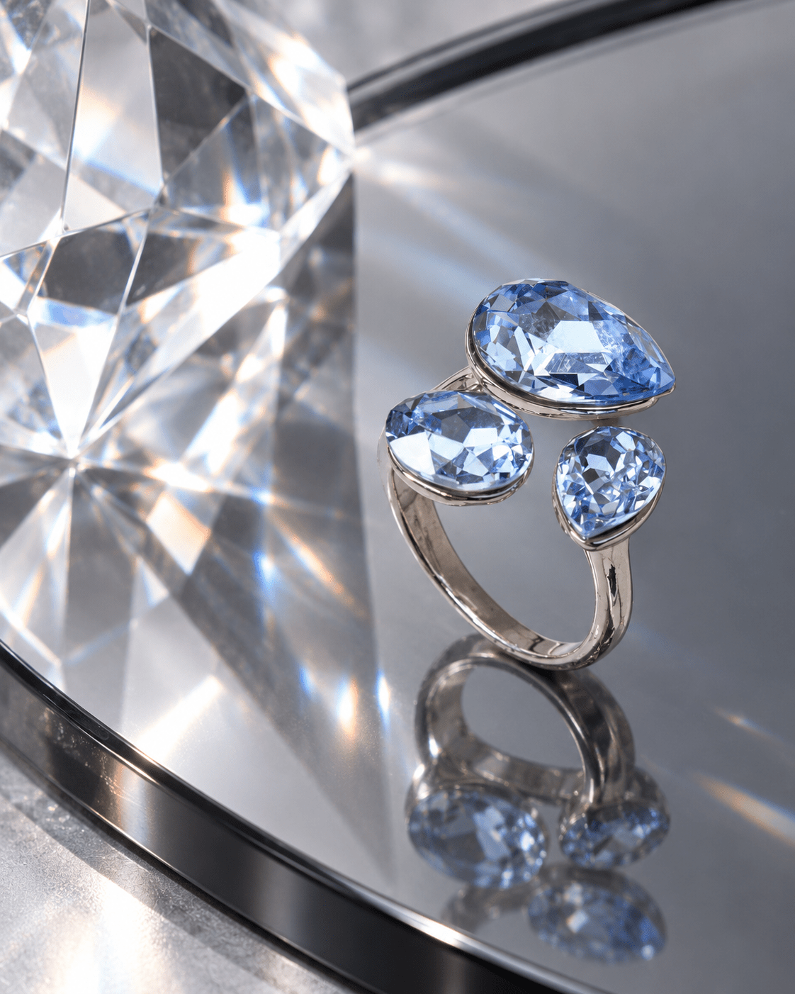 Ice Blue Crystal Pear & Oval Cluster Open Ring - Maxiblink