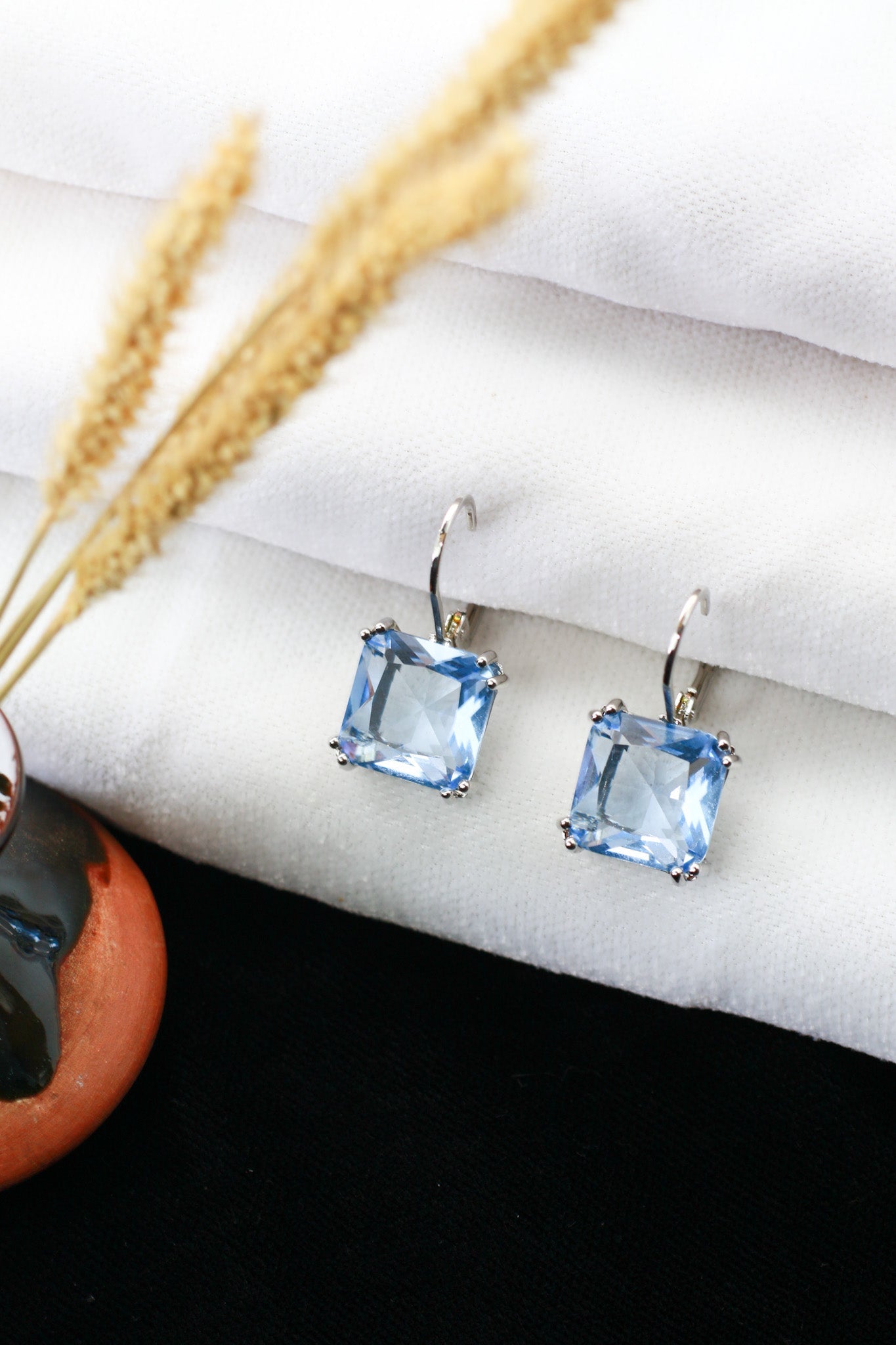 Ice Blue Square Crystal Lever - back Drop Earrings - Maxiblink