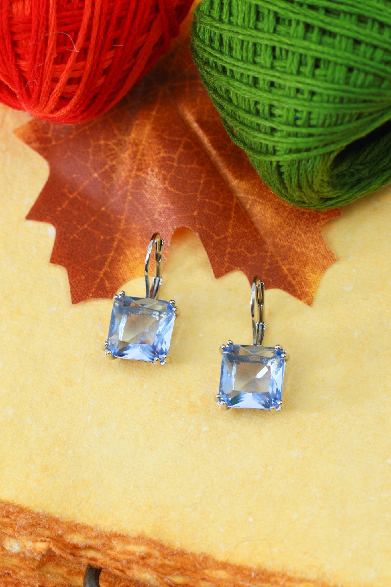 Ice Blue Square Crystal Lever - back Drop Earrings - Maxiblink
