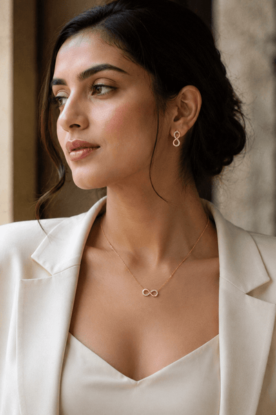 Infinity lucky 8 necklace and matching earrings set, 18K gold plated