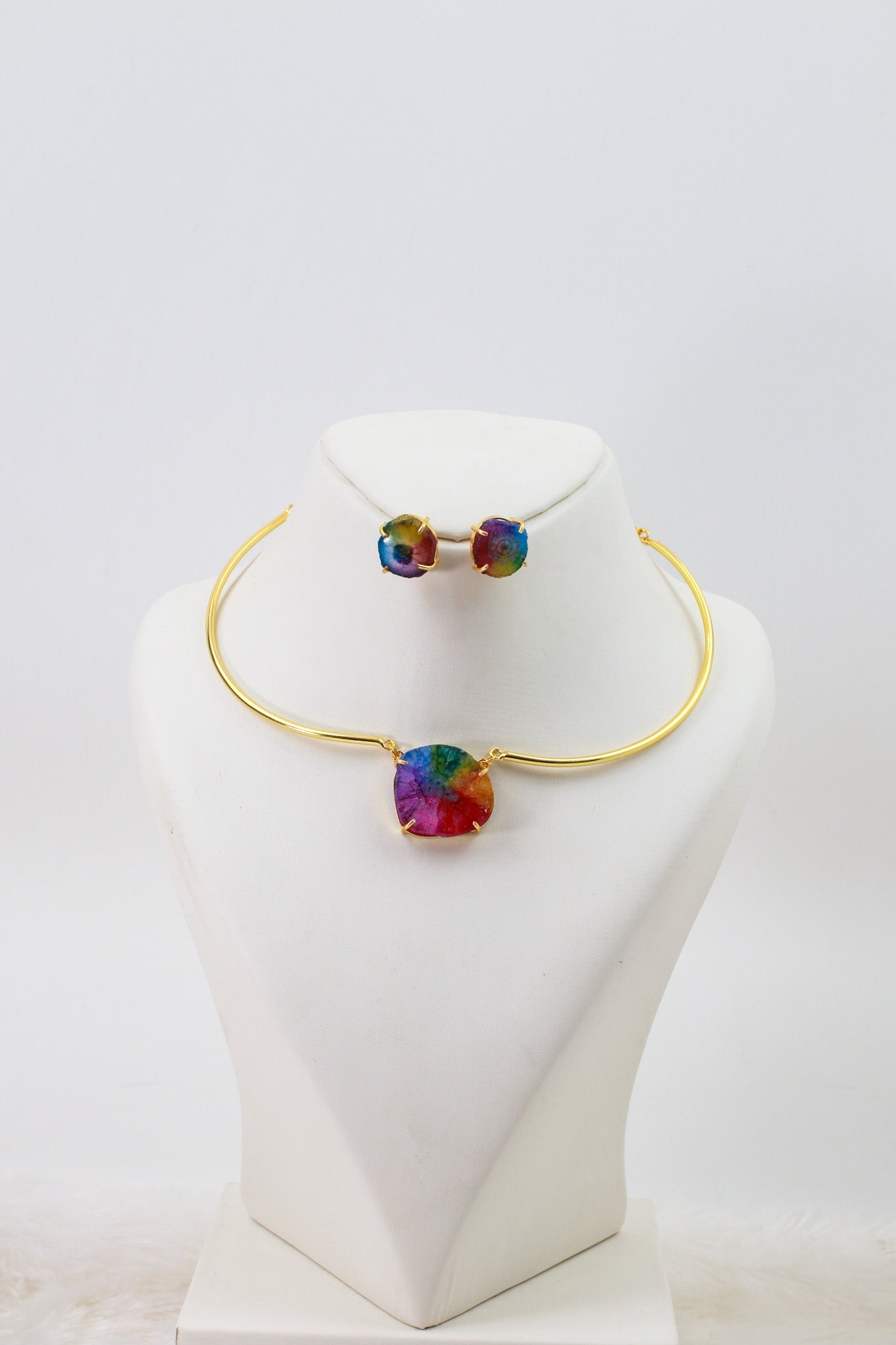 Iridescent Stone Centerpiece Necklace Set – Brass Gold Plated | Anti - Tarnish Finish - Maxiblink
