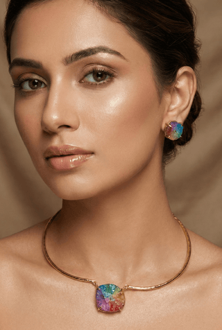 Iridescent Stone Centerpiece Necklace Set – Brass Gold Plated | Anti - Tarnish Finish - Maxiblink
