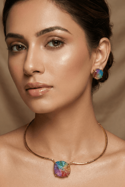 Iridescent Stone Centerpiece Necklace Set – Brass Gold Plated | Anti - Tarnish Finish - Maxiblink