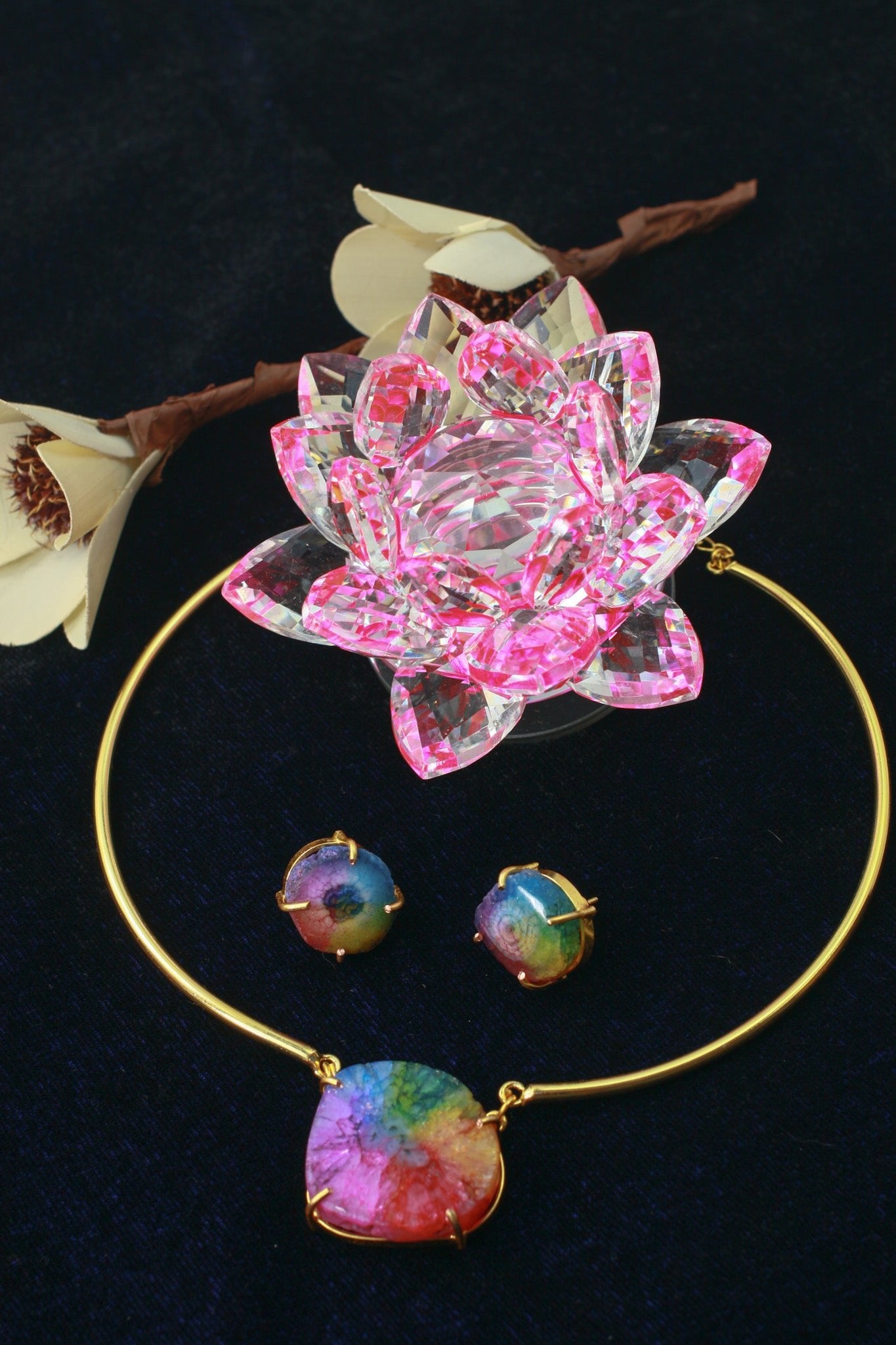 Iridescent Stone Centerpiece Necklace Set – Brass Gold Plated | Anti - Tarnish Finish - Maxiblink