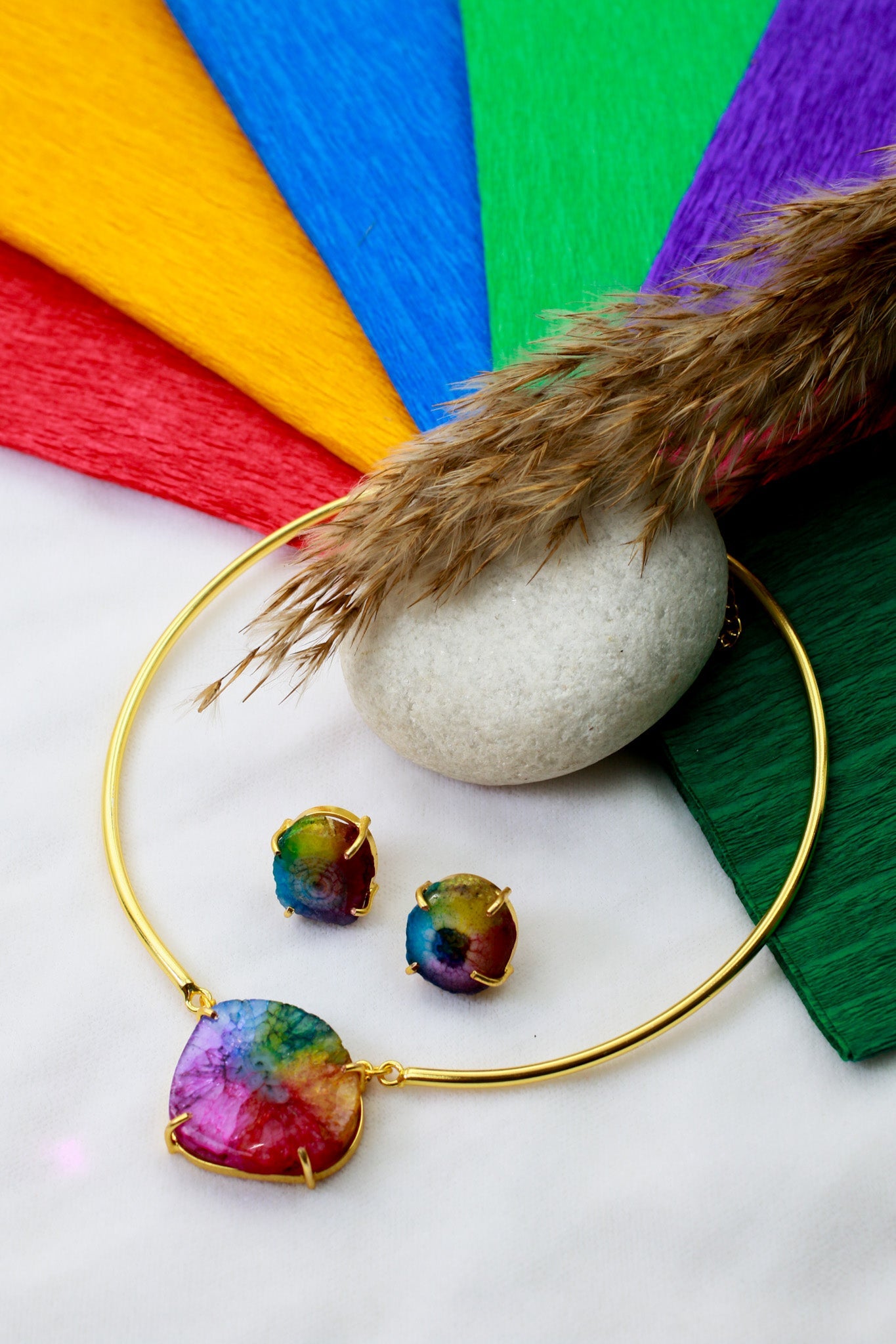 Iridescent Stone Centerpiece Necklace Set – Brass Gold Plated | Anti - Tarnish Finish - Maxiblink