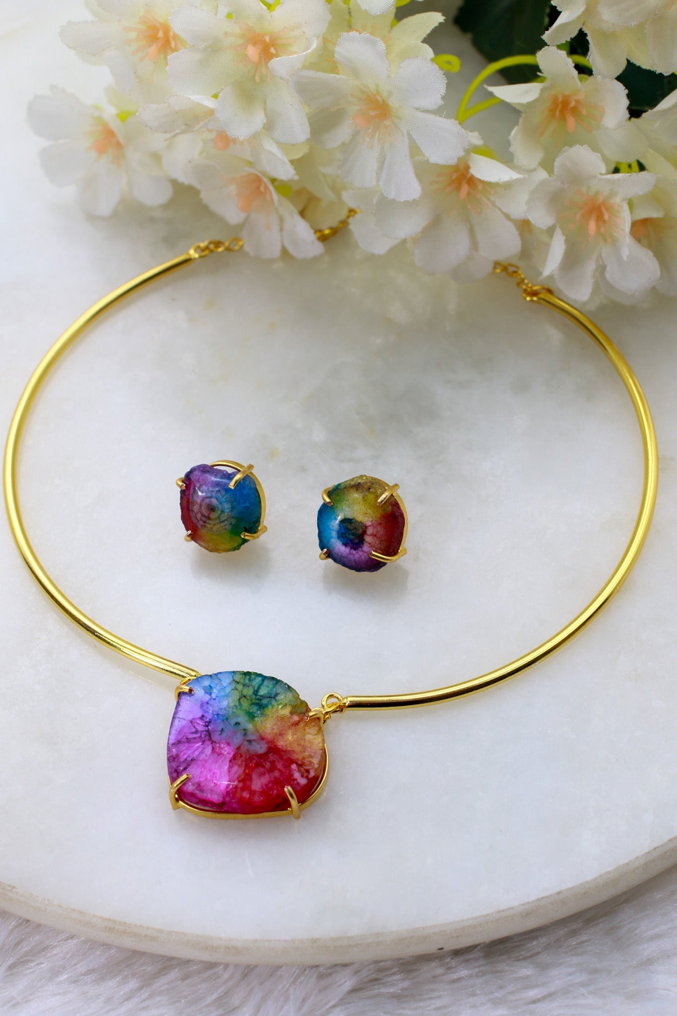 Iridescent Stone Centerpiece Necklace Set – Brass Gold Plated | Anti - Tarnish Finish - Maxiblink