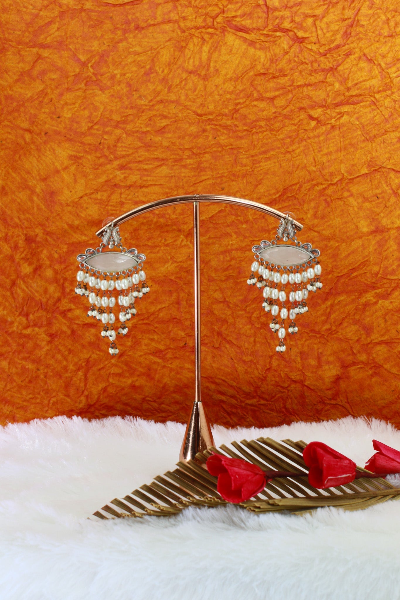 Ivory Navette Monalisa Waterfall Pearl Earrings | Oxidised German Silver - Maxiblink