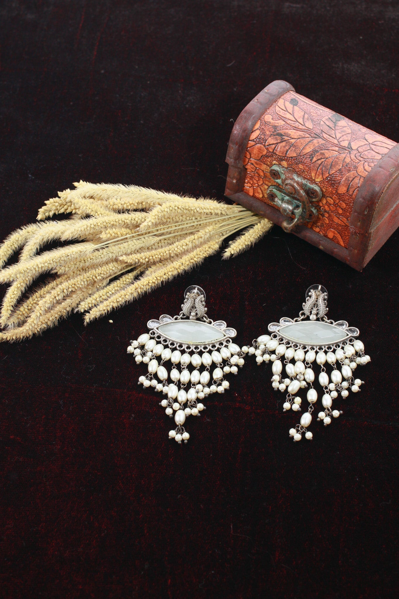 Ivory Navette Monalisa Waterfall Pearl Earrings | Oxidised German Silver - Maxiblink