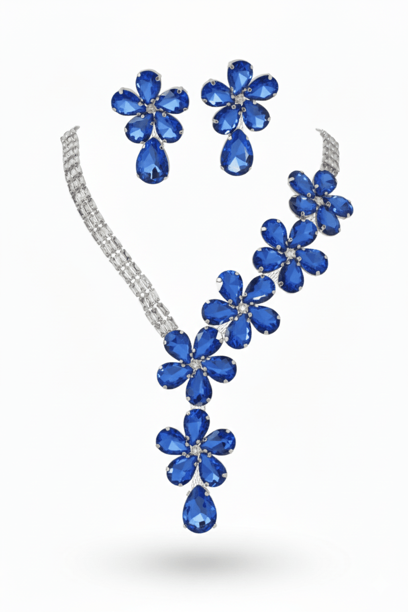 Korean Blue Floral Glass Stone Jewelry Necklace Set | Rhodium Plated Statement Jewelry with Earrings - Maxiblink