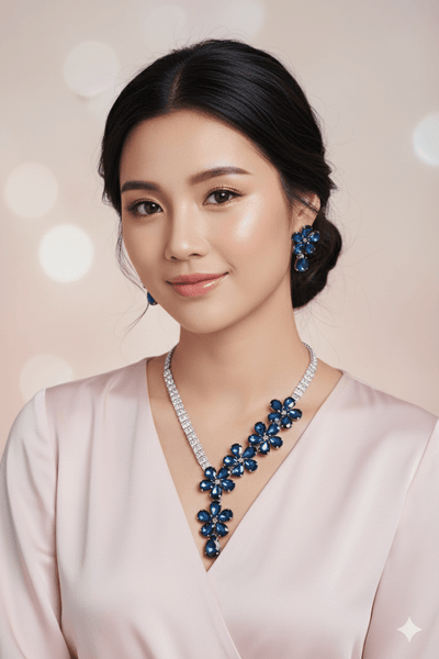 Korean Blue Floral Glass Stone Jewelry Necklace Set | Rhodium Plated Statement Jewelry with Earrings - Maxiblink