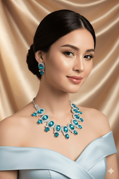 Korean Blue Oval Glass Stone Glass & AD Stone Necklace Set | Rhodium Plated Statement Jewelry with Earrings - Maxiblink