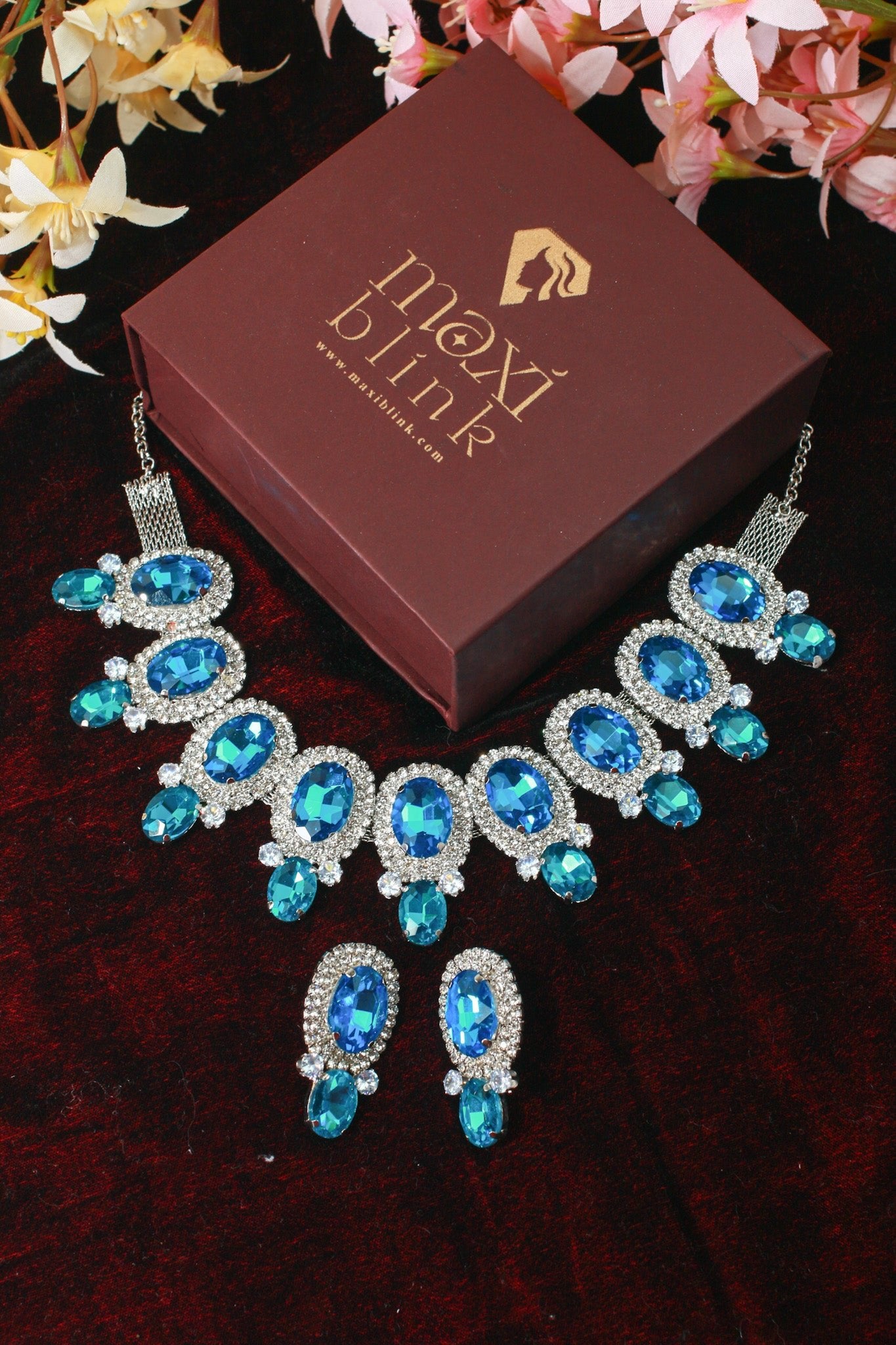 Korean Blue Oval Glass Stone Glass & AD Stone Necklace Set | Rhodium Plated Statement Jewelry with Earrings - Maxiblink